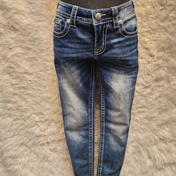 Miss Me Women's Blue Embroidery Distressed Mid Rise Ankle Skinny Jeans Size 26 - Picture 2 of 12